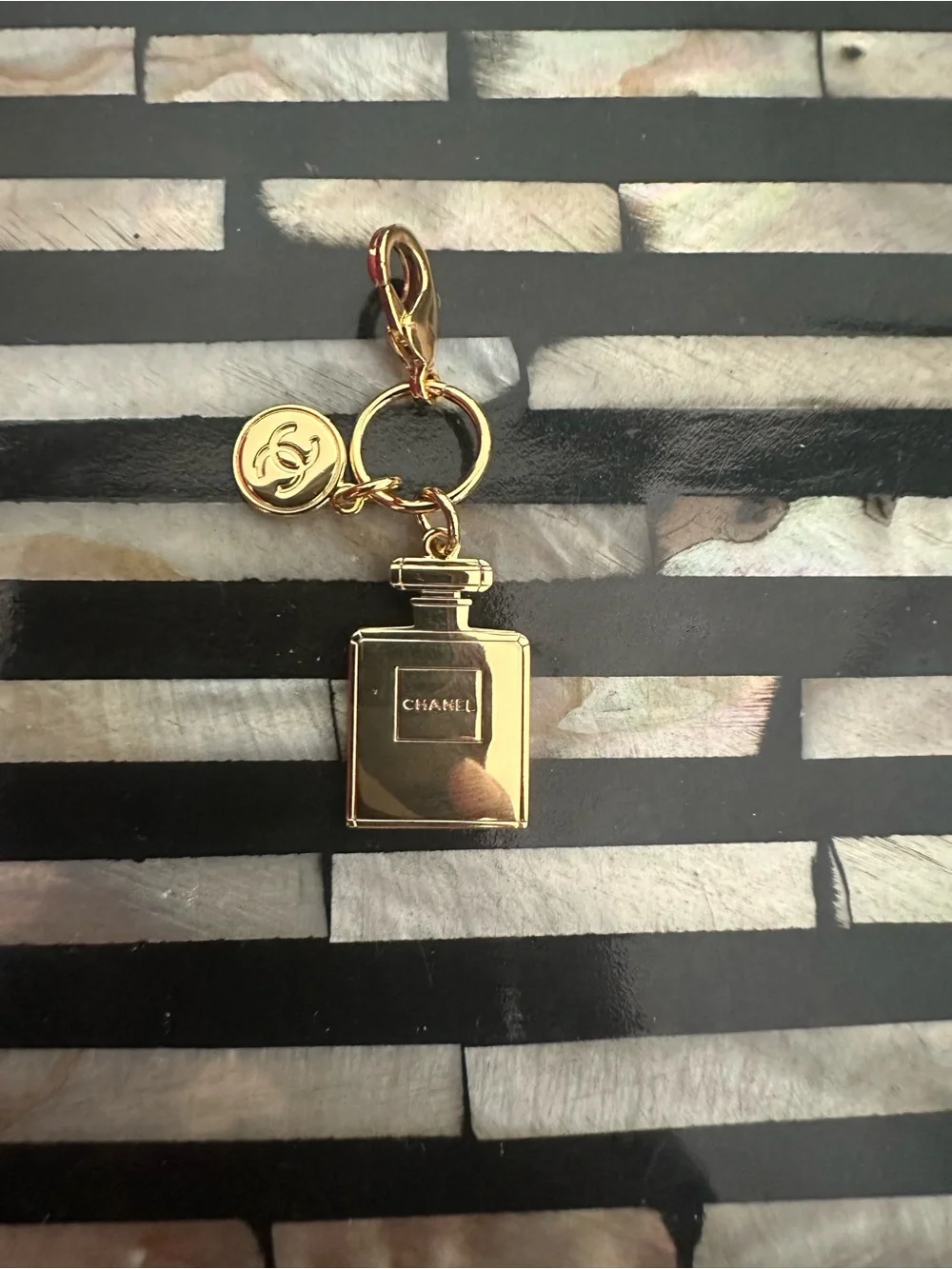 CHANEL Gold Perfume Bottle Keyring Charm